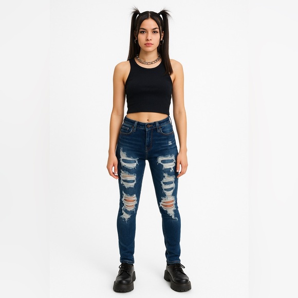 Machine Jeans Distressed Ripped Skinny Blue Denim Jeans Y2K Grunge Women’s 1 - Picture 1 of 10